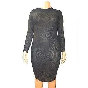 Kayla Black & Gold Rhinestone Long Sleeve Midi Dress NWT 14